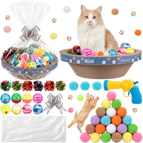 Zopeal 64 Pcs Easter Cat Toy Gift Set Magic Cat Scratcher Board Ball Launcher Gun Crinkle and Yarn and Plastic Bell Ball K...