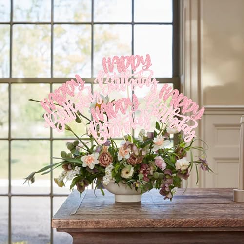 Gyufise 12Pcs Happy Birthday Centerpieces Sticks Double Sided Glitter Birthday Party Decorations Anniversary Table Flower ...