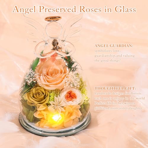 Gifts for Mom Mothers Day Birthday Gifts for Women Preserved Rose Forever Flower in Glass Angel Figurines Fresh Flowers fo...