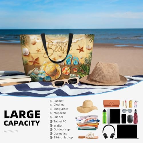 Amsnkee Large Waterproof Sandproof Beach Tote Bag for Women with Zipper & 7 Pockets, Lightweight Foldable Pool Swim Bag