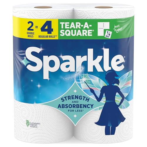Sparkle Tear-A-Square Paper Towels, 2 Double Rolls (220 Sheets Total) - Strong 2-Ply Towels for Kitchen Cleanup and Everyd...