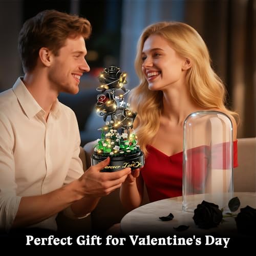 HiWEEGO Flower Building Set with LED Light - 232 PCS Black Rose Building Blocks Kit with Dust Cover, Gift for Mothers Day ...