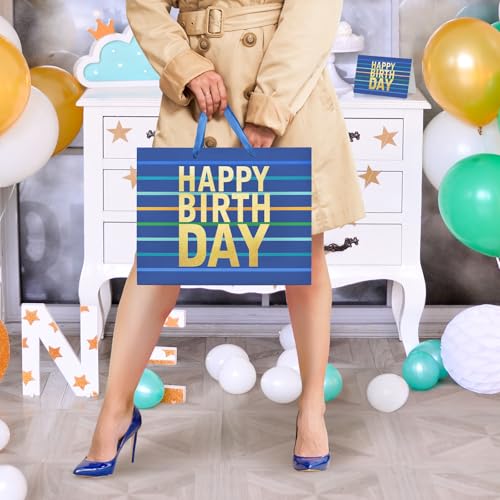 13" Large Blue Gift Bag with Tissue Paper, Card and Handles for Men's Birthday, Kids' or Baby Boy (Stripe) (Large Blue)