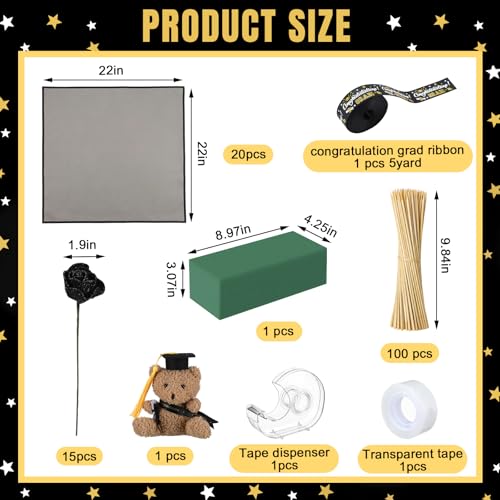 Chunful 143 Pcs Graduation Money Bouquet Kit DIY Flower Bouquet Gifts with Cute Bear Wrapping Paper Graduation Cap Class o...