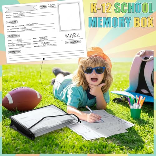 Motipuns 14 Pack K-12 School Memory Box End of The Year Large Capacity with 16 Memory Questionnaires School Year Organizer...