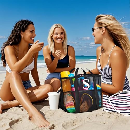 wanchel Personalized Mesh Beach Bag for Women - Waterproof Initial Tote Bag for Family Travel, Toys, Vacation Essentials