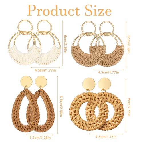 4 Pairs Raffia Rattan Bohemian Earrings for Women, Tropical Bohemian Straw Dangle Earrings Boho Summer Beach Earrings Summ...