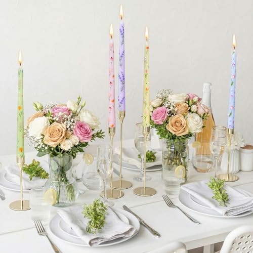 Conelist 6 Pcs 9.8" Floral Long Taper Candles Blue and White Porcelain Candlesticks Tall Smokeless Unscented Tapered Candl...