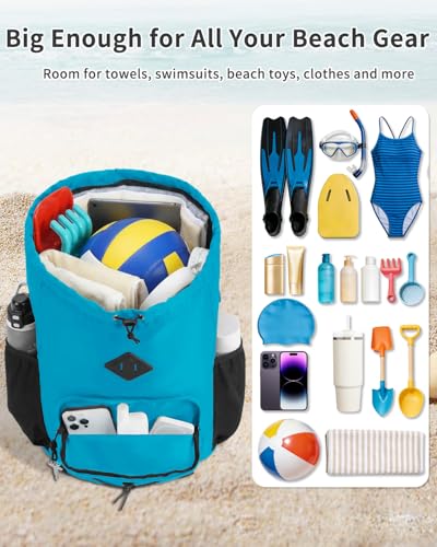 WANDF Drawstring Backpack with Removable Wet Pocket, Sandproof Beach Backpack with Bottom Compression Strap for Beach Mat,...