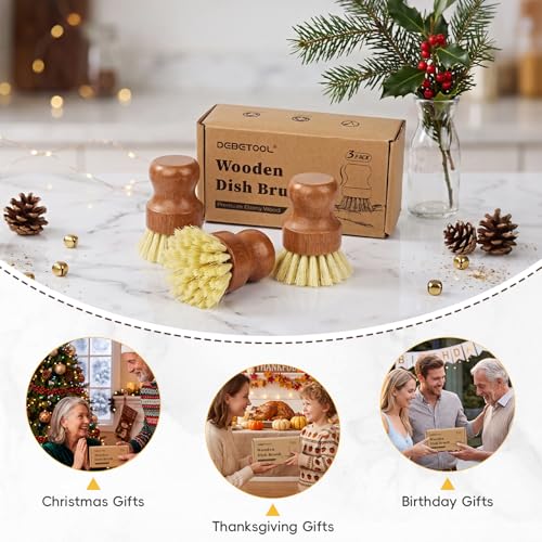 DEBETOOL 3-Pack Wooden Dish Brush - Natural Dish Scrubber & Vegetable Brush with Sisal Bristles, Kitchen Scrub Brush for P...