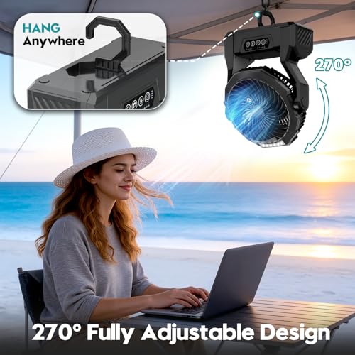 XZK Camping Fan, 20000mAh Rechargeable Battery Powered Fan, Portable Cordless Desk Fan with 4 Speeds 3 Timer, 2 LED Light,...