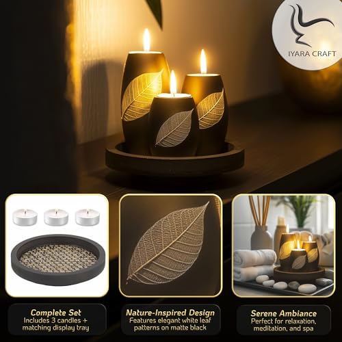 IYARA CRAFT Candle Holder Set with Tray – 3 Handmade Wood Tealight Holders, Black Leaf Design, Winter Home Décor, Spa-Insp...