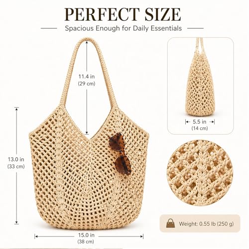 MBBEST Crochet Beach Bag for Women, Boho Mesh Knit Tote Purse, Handmade Cotton Summer
