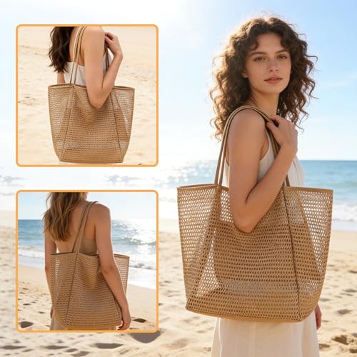 houlishu Women's mesh beach bag, summer travel mesh tote bag with large inner pocket, essential for pool vacation beach