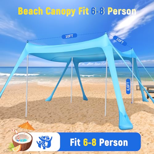 Purebox Beach Tent Sun Shelter - 10x10FT Beach Shade Canopy UPF50+ Protection Easy Setup, with 8 Sandbags, 4 Stability Pol...
