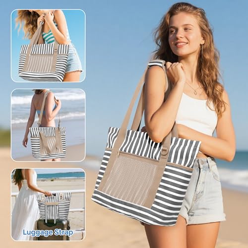 Fasrom Beach Bag for Women with Zipper, Waterproof Beach Tote with Wet Dry Compartment and Small Pouch for Pool, Swim, Travel
