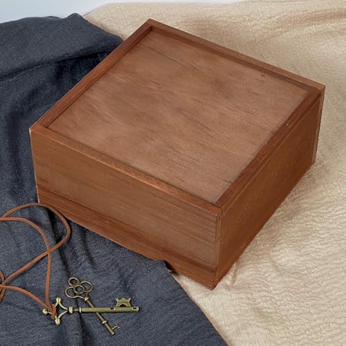 PIG AND TURTLE Large Wooden Box - 8x8x4 Inch Solid Wood Slide-Top Storage Box, Wooden Keepsake Chest with Lid, Decorative ...