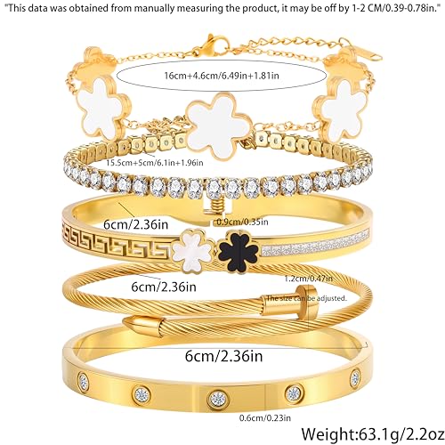 Camhanno 5pcs Gold Stackable Bracelet Set for Women - Stainless Steel Non-Tarnish Clover Lucky Charm Jewelry, Trendy Gift ...