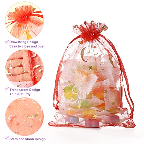 100PCS Moon Star Organza Bags, 4x6" Wedding Favors Bags with Drawstring, Mixed Color Little Mesh Candy Gift Pouches for Pa...