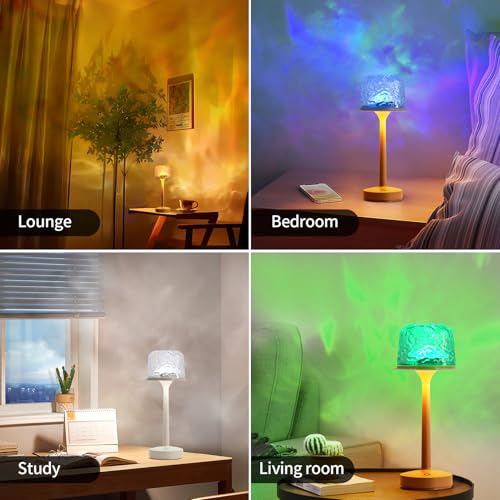 RGB Ocean Wave Projector Table Lamp, USB Rechargeable Cordless Night Light with Remote Control, Dimmable Touch Desk Lamp f...
