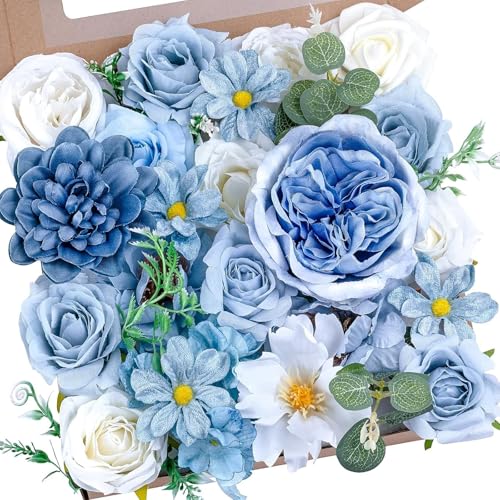 Artificial Blue Flowers Combo Box Set Baby Blue Rose Flowers Bulk Mix Dusty Blue Dahila Peonies Fake Silk Light Blue Flowe...