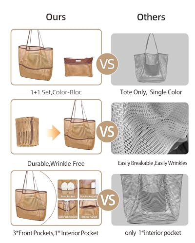 ToKismet Mesh Beach Tote Bag Packable,2026 New 2-in-1 Large Lightweight Foldable Beach Bags with Multiple Pockets for Women