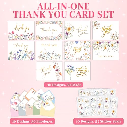 Decorably 50 Pack Gold Foiled 6x4in Wildflower Thank You Cards Wedding with Envelopes and Stickers, 10 Folded Watercolor F...