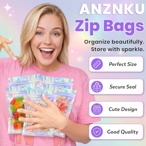 ANZNKU Holographic Bags 5x7 Mylar Bags Resealable 50PCS, Packaging Bag Smell Proof Pouches Baggies for Goodie Snack Easter...