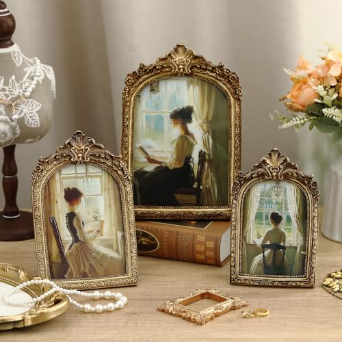 Wonderjune 3 Pcs Vintage Picture Frames Antique Set Baroque Ornate Gold Arched Photo Frames with Glass, Tabletop or Wall f...