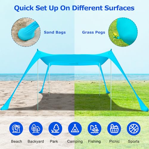 COMMOUDS Beach Tent Sun Shelter - UPF50+ Pop Up Beach Canopy with Sandbags & Sand Shovel & Windproof Poles, Portable Sun S...