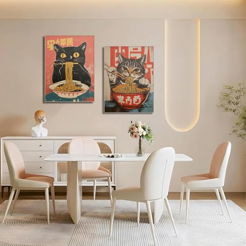 Framed Funny Black Cat Canvas Wall Art Set of 2, Vintage Japanese Cat Eating Ramen Poster, Unique Gifts and Animal Lover P...