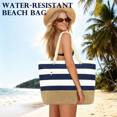 Fammart Beach Bags Waterproof Sandproof for Women, Large Canvas Pool Bag with Leakproof Wet Pocket & Zipper Cruise Essentials