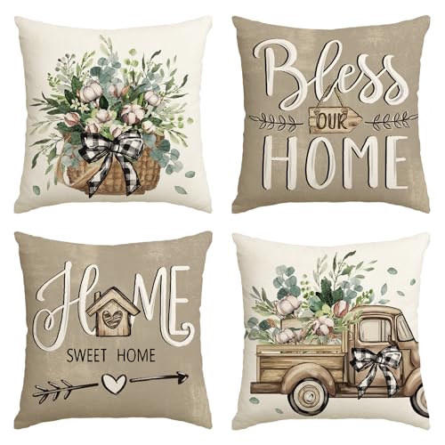 AVOIN colorlife Bless Our Home Farmhouse Eucalyptus Leaves Throw Pillow Covers, 18 x 18 Inch Truck Home Sweet Home Cushion...