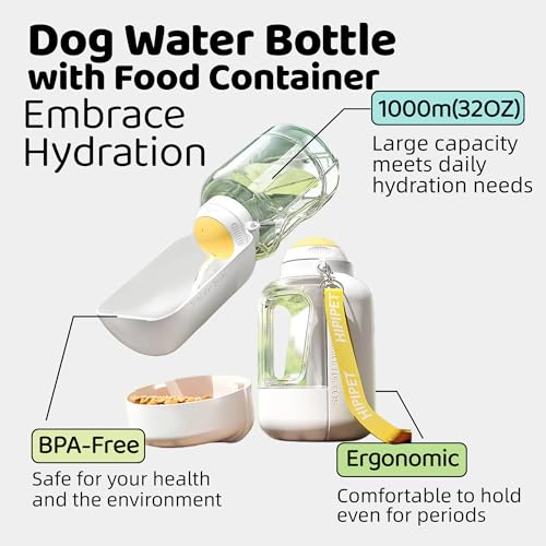 Dog Water Bottle with Food Container, 32oz Travel Dog Water Bottle (3 in 1), Leak Proof Portable Water for Dogs with Twist...