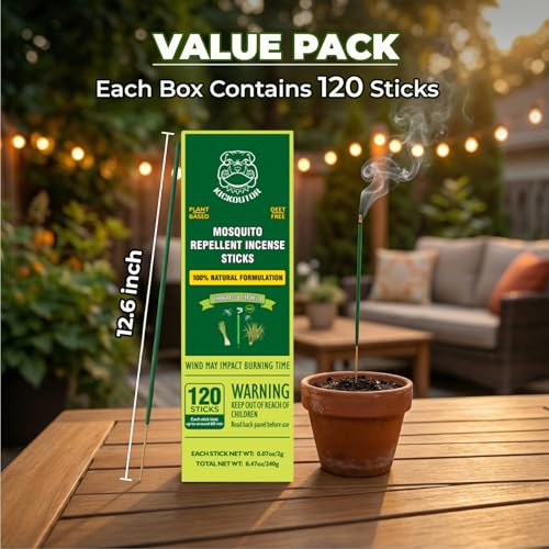 KICKOUTOR® Mosquito Repellent Outdoor Patio 120 PCS Citronella Oil Mosquito Incense Sticks Natural Organic Mosquito Barrie...