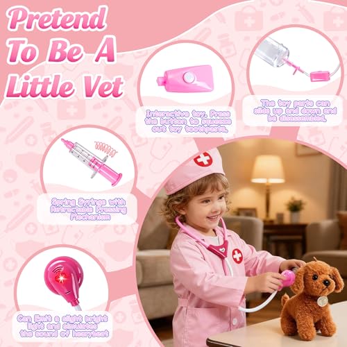 Girl Toys Doctor Kit for Toddlers 3-5 with Plush Dog, 39 PCS Kids Vet Play Set with Heartbeat Sound Stethoscope & Dress Up...
