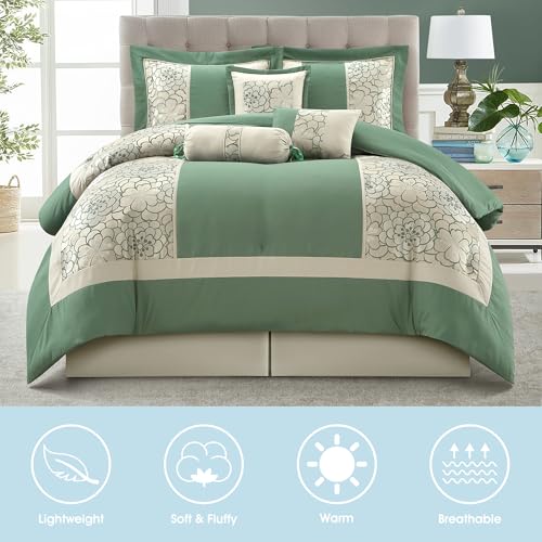 LANCO MODERN LIFESTYLE 7 Piece King Size Comforter Set, Green, Elegant Floral Jacquard, Stylish and Cozy Bedding Collectio...