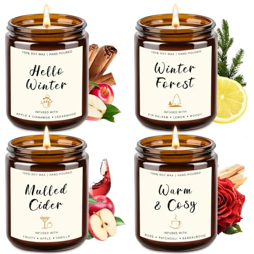 4 Pack Candles for Home Scented, 28oz Soy Candle Set, Scented Candles with Apple Cinnamon, Fir Balsam, Mulled Cider, Sanda...