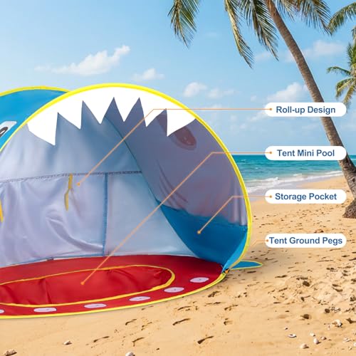Elfzone Baby Beach Tent - Shark Pop Up Beach Tent Sun Shade for Beach, Portable Shade Pool UV Protection Sun Shelter for O...
