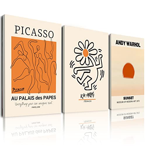 Abstract Wall Art Prints Set of 3, Framed Canvas Wall Art Geometric Line Sunset Artwork Paintings, Minimalist Wall Art for...