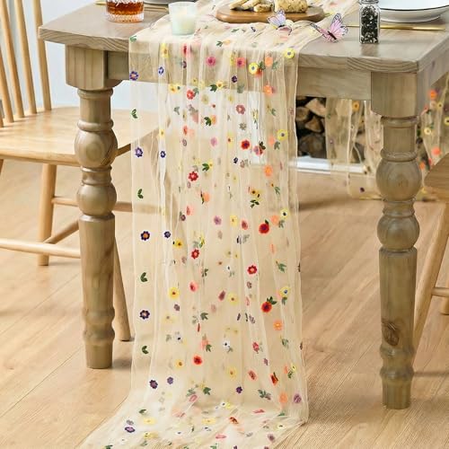 Artoid Mode Champagne Embroidery Daisy Gauze Table Runner 120 Inch 10FT, Seasonal Sheer Kitchen Dining Holiday Wedding Bir...