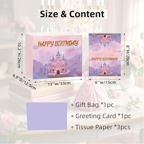 PrintGuru 13” Large Happy Birthday Gift Bag with Tissue Paper, Greeting Card and Ribbon Handles for Women Girls Kids Birth...