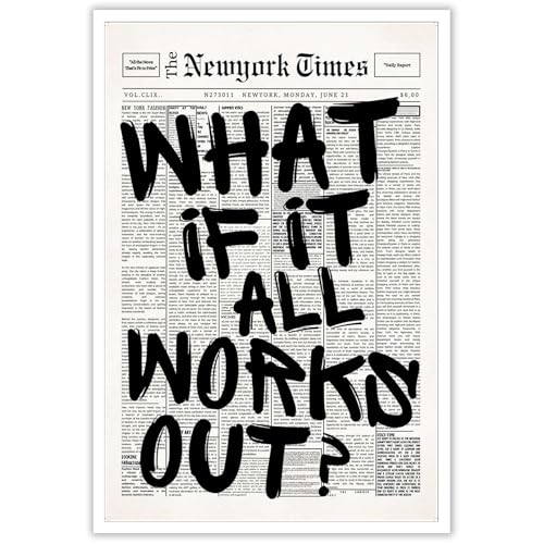 Retro Black And White Newspaper Poster What If It All Works Out Canvas Wall Art Positive Affirming Quote Minimalist Prints...
