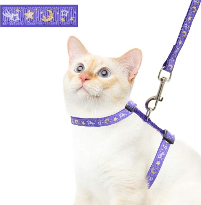 Cat Harness and Leash Set for Outdoor Walking Escape Proof Adjustable Soft Safety Strap with Golden Star and Moon Design G...