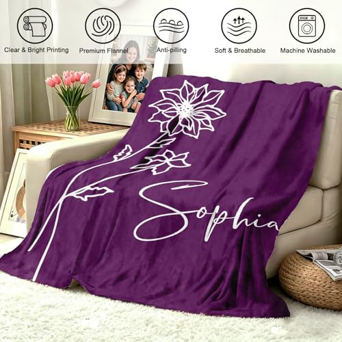 KUKULIKI Mothers Day Personalized Gifts for Mom, Custom Blanket with Name and Birth Month Flowers, Personalized Blankets f...