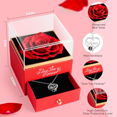 Gifts for Women Mom Rose with Necklace: Preserved Red Flowers Jewelry Presents for Mother Mama from Daughter Son