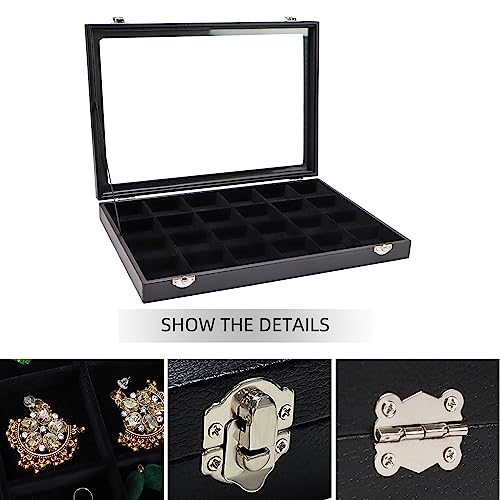 Wudygirl Jewelry Organizer Clear Lid 24 Grid Jewelry Box Case Organizer Showcase Display Jewelry Tray Removable Black Velv...