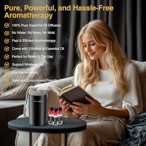 Waterless Essential Oil Diffuser Starter Kit - No Water Needed, Battery Operated Mini Scent Air Machine, Included 3x20ML E...
