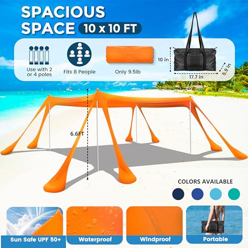 VIONMI Beach Canopy Beach Tent Pop Up Shade 10x10ft Sun Shelter UPF50+ with 8 Sandbags-2 Sand Shovel-4 Aluminum Poles-Grou...