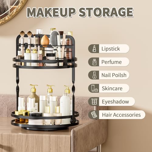 360° Rotating Makeup Organizer, 2-Tier Black Perfume Organizer for Dresser, Bathroom Organizers Countertop, Perfume Shelf ...